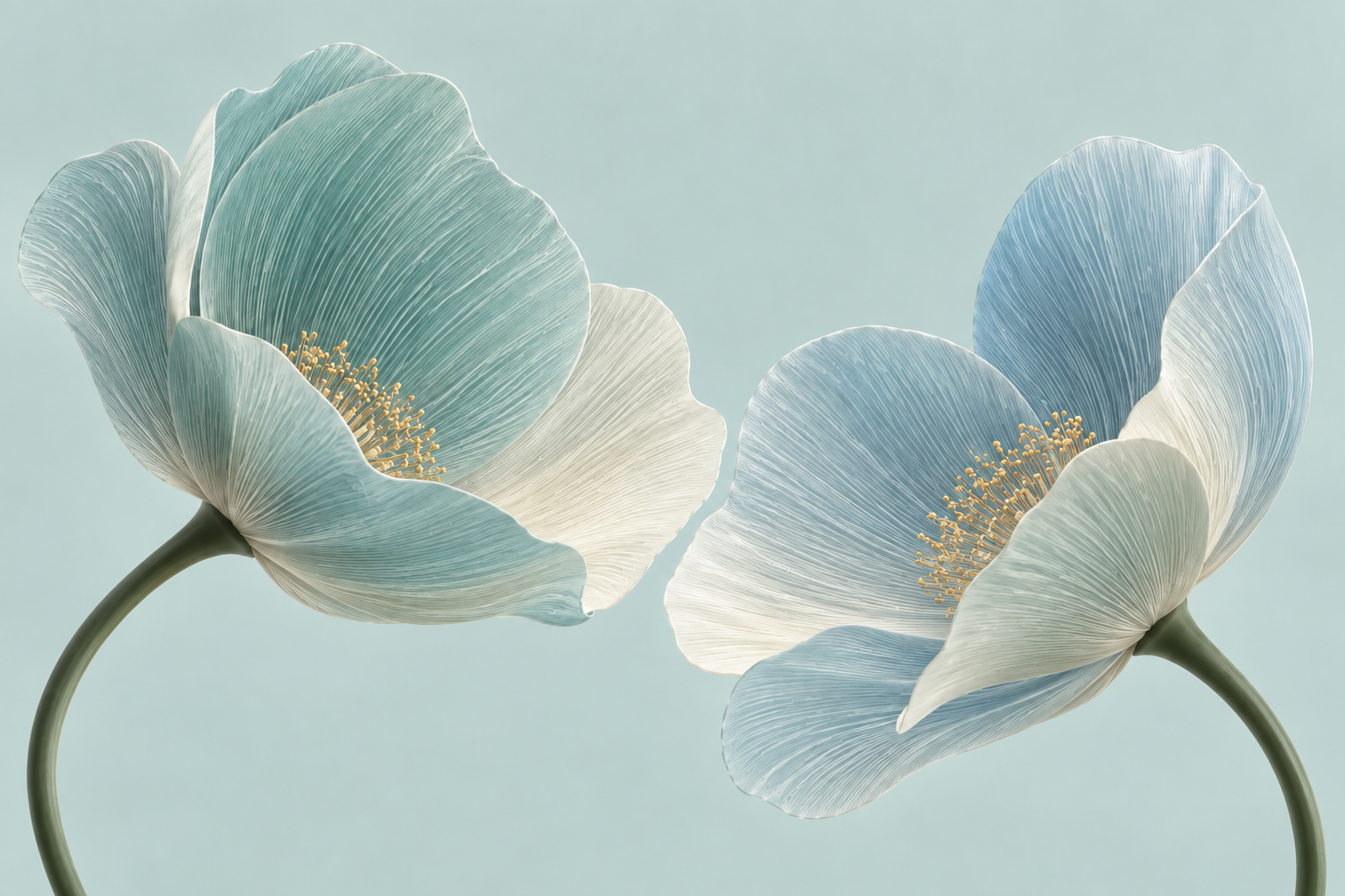 Flores translúcidas em azul suave e verde se inclinam uma em direção à outra, com hastes curvas e pétalas delicadas