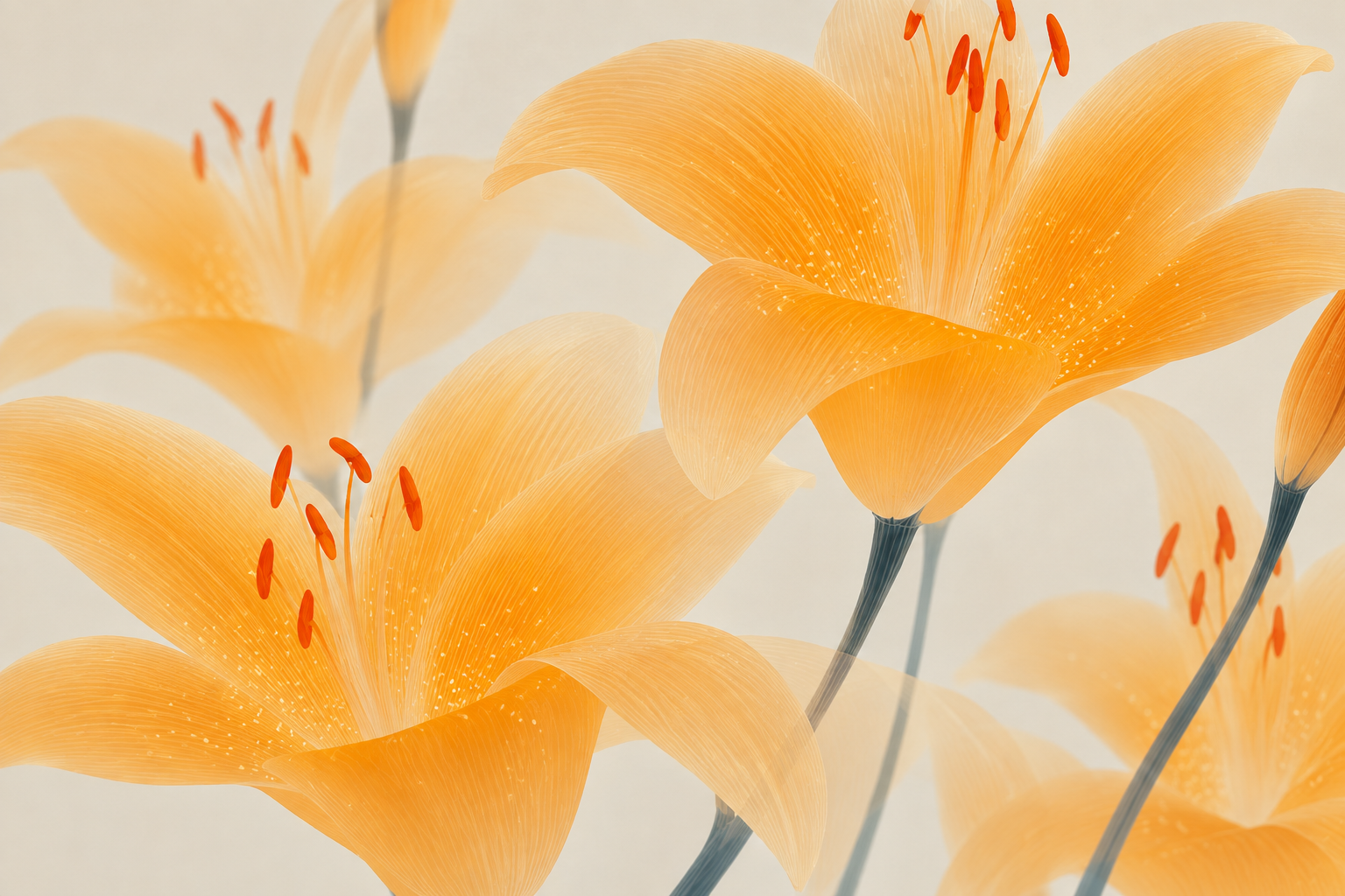 Flores douradas translúcidas em diferentes planos de foco, iluminadas suavemente sobre um fundo claro