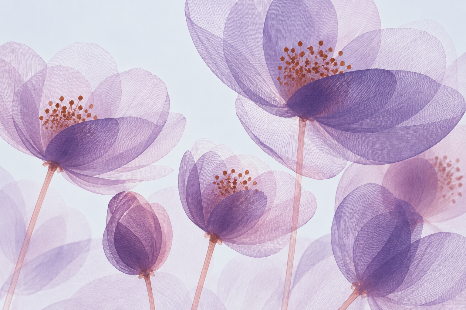 Flores translúcidas em lilás e malva, de botões a flores abertas, sobre hastes delicadas